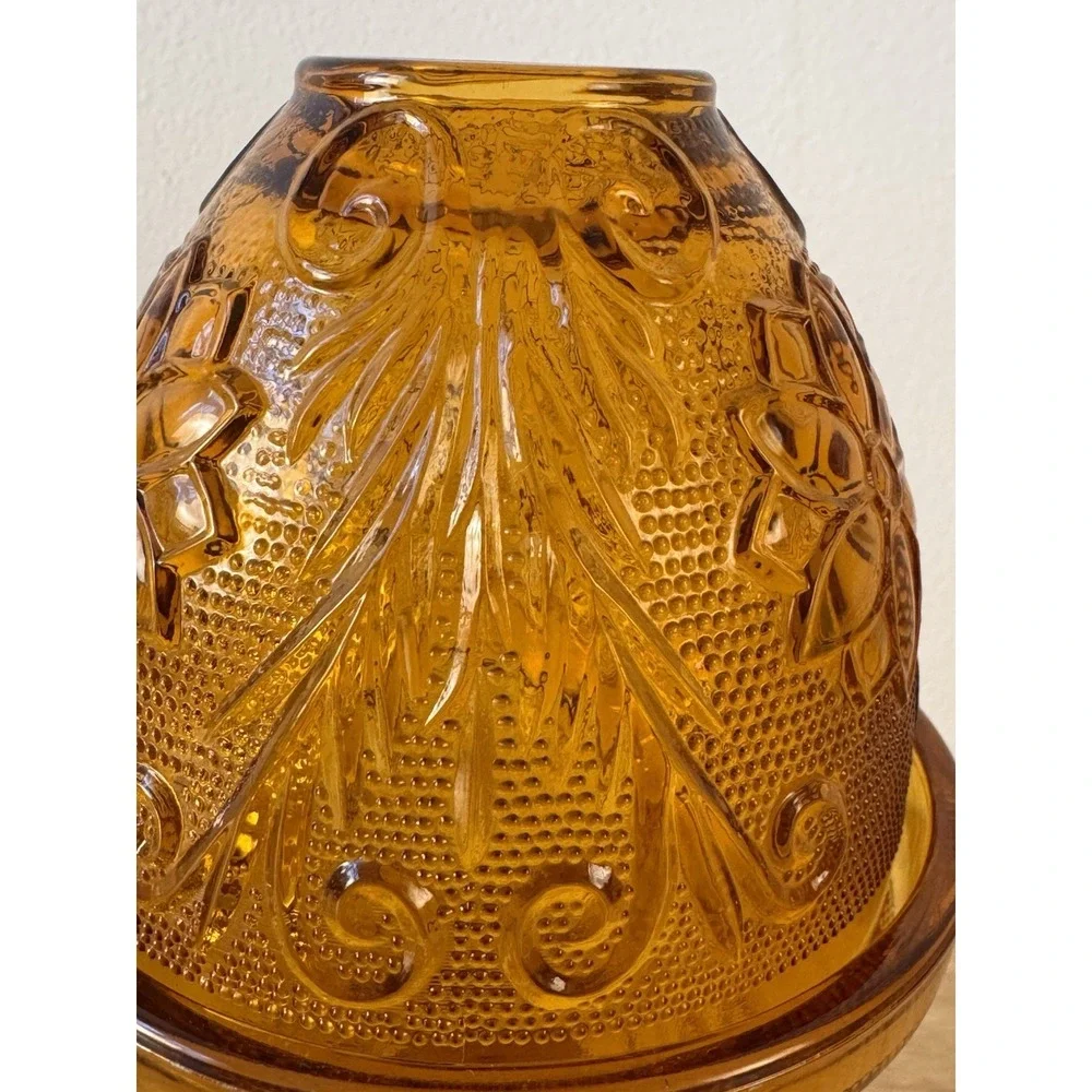 Tiara Indiana Glass Sandwich Pattern Amber Fairy Lamp Pedestal Candle Holder